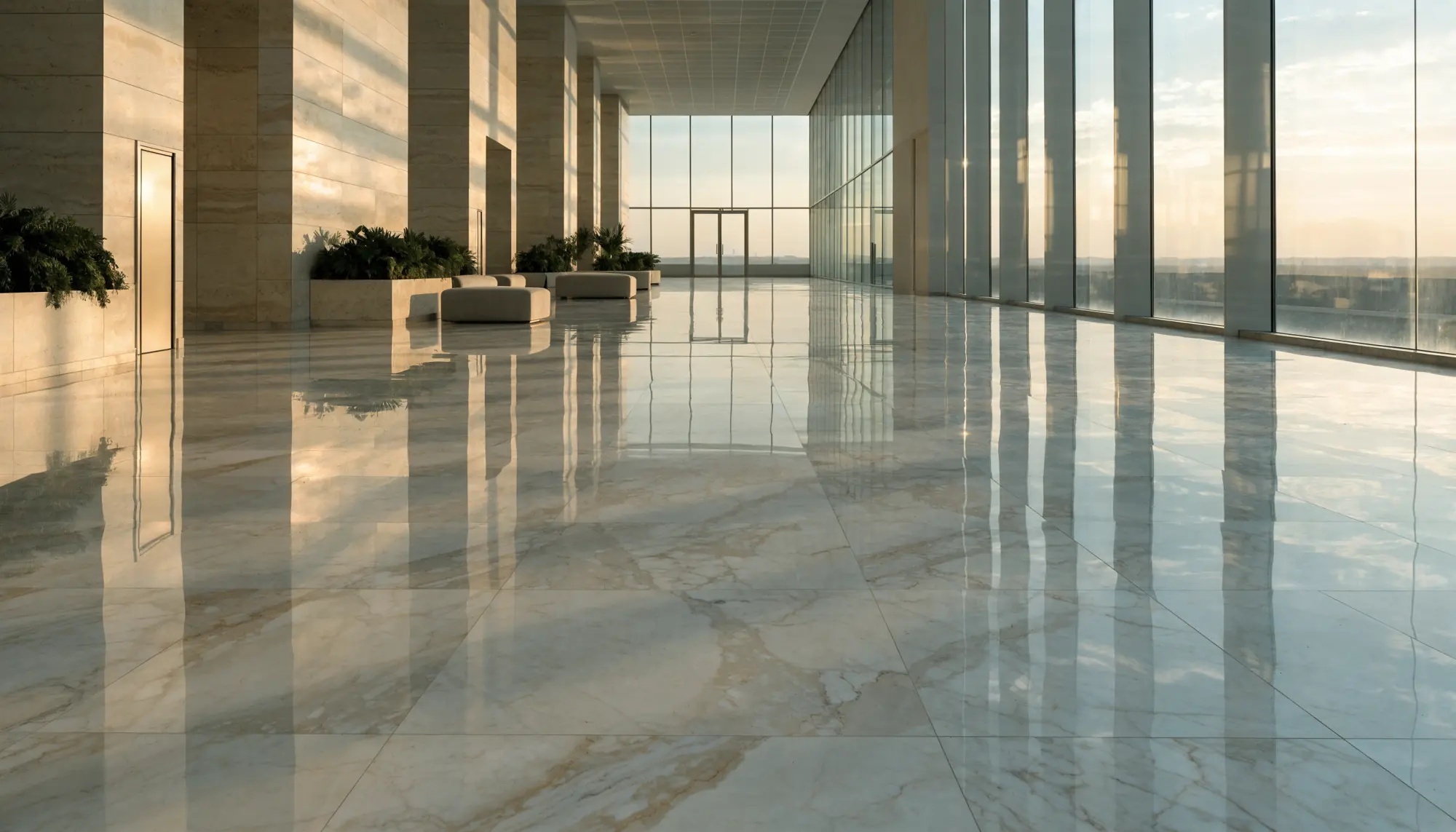 A hotel lobby maintained to standard at dawn